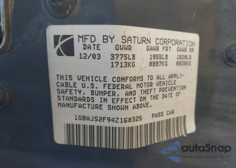 2004 Saturn Ion 2 z USA, uszkodzony, nr VIN 1G8AJ52F94Z160325
